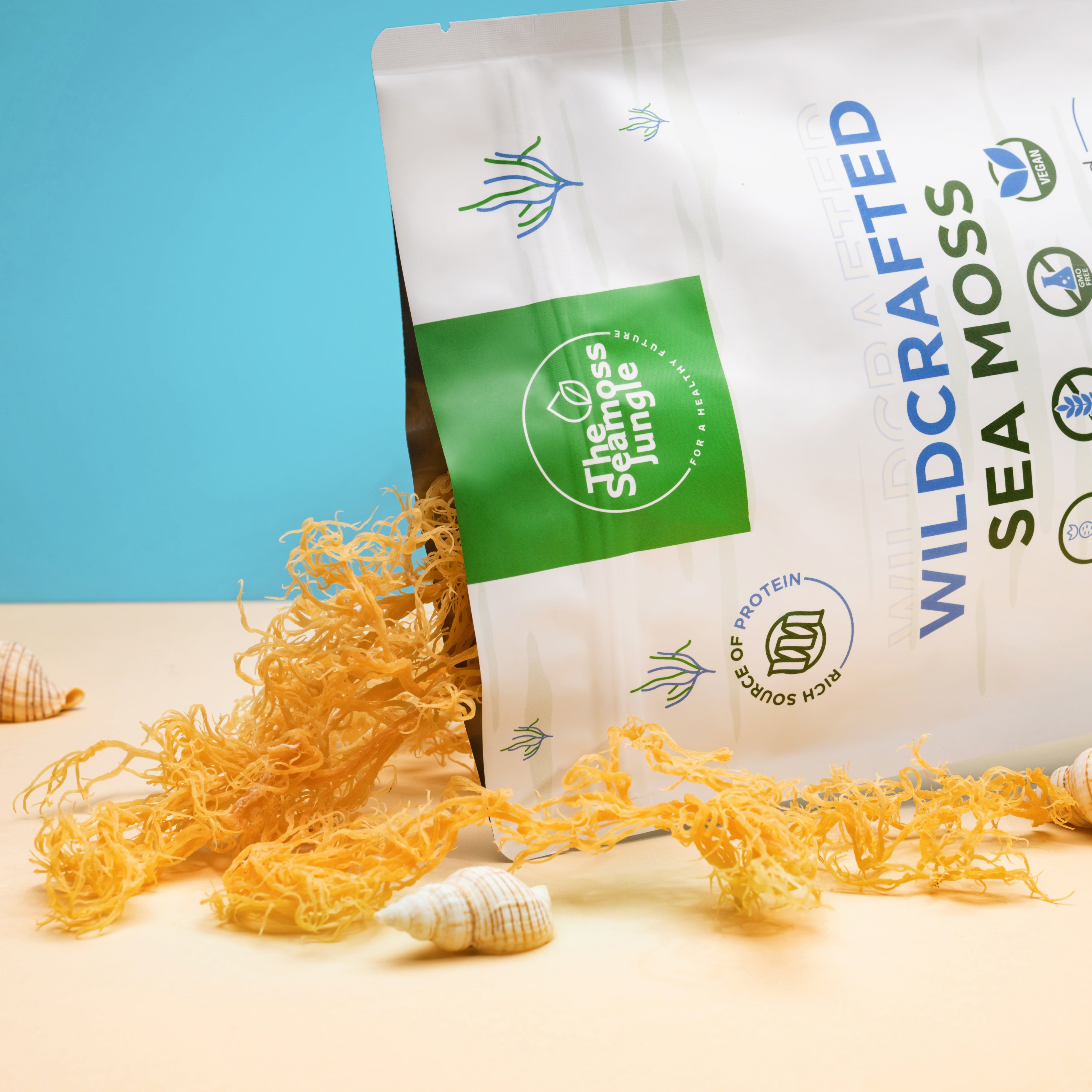 Geopende verpakking wildcrafted Raw Sea Moss.