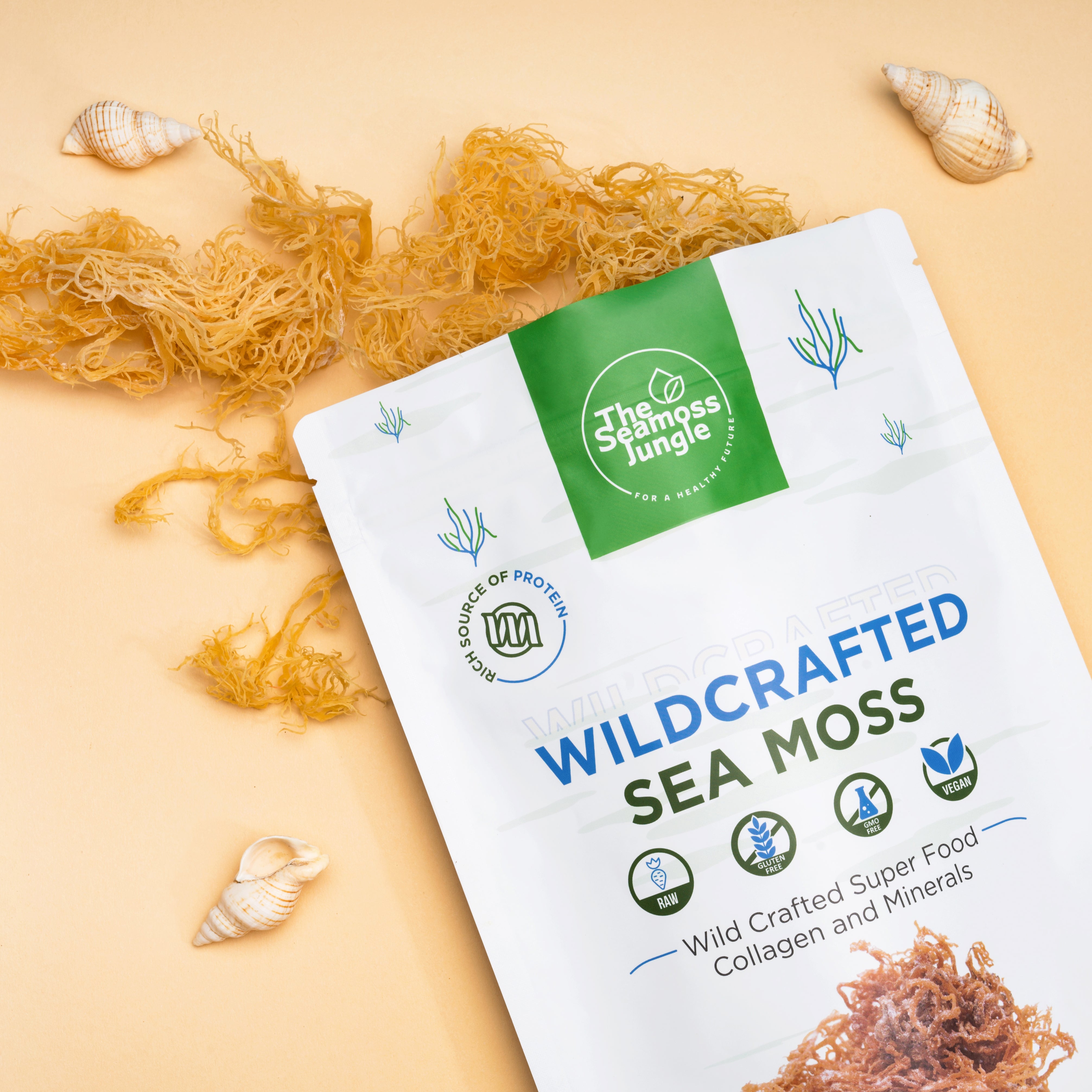 Geopende verpakking Wildcrafted Raw Sea Moss.