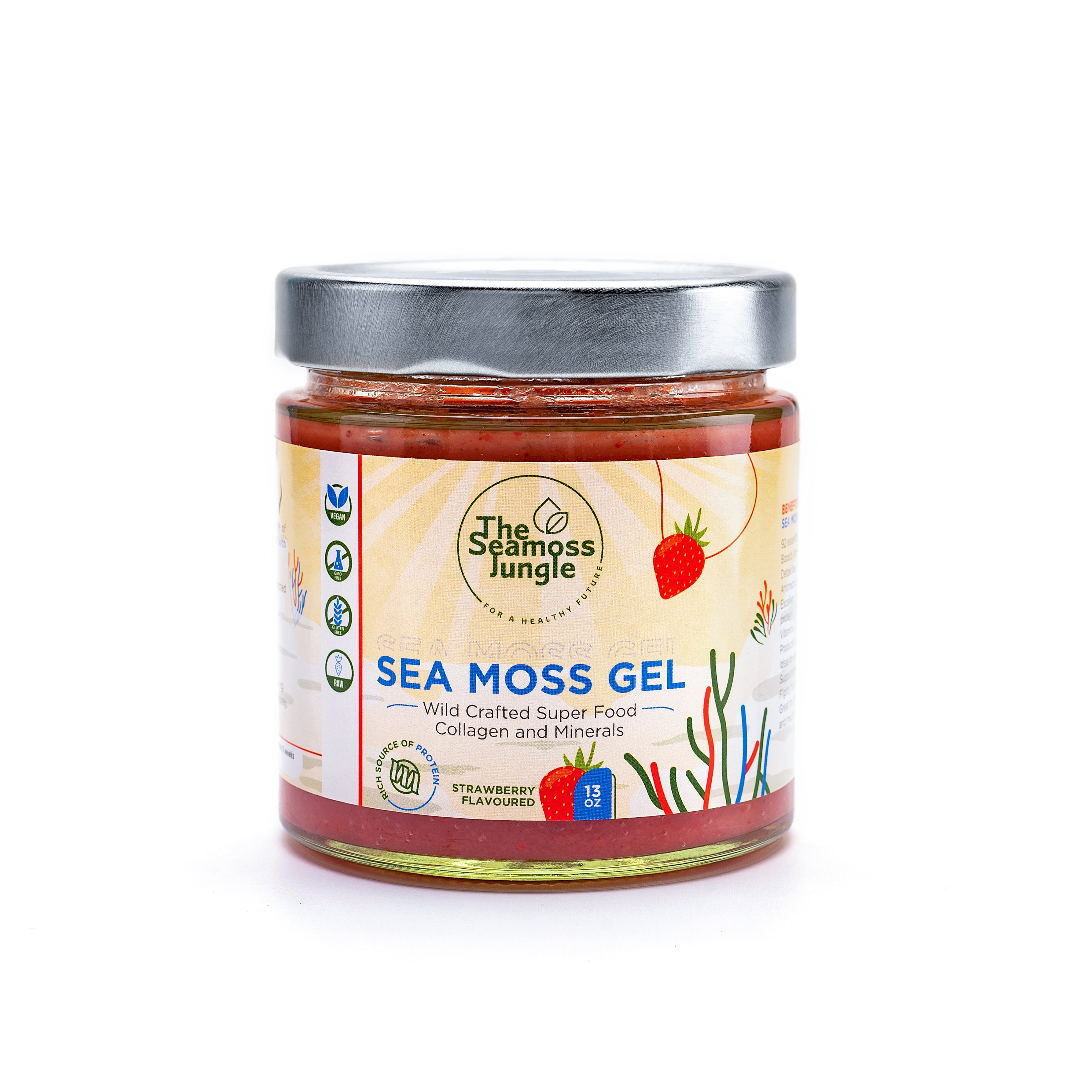 Aardbeien Sea Moss Gel op een witte achtergrond.