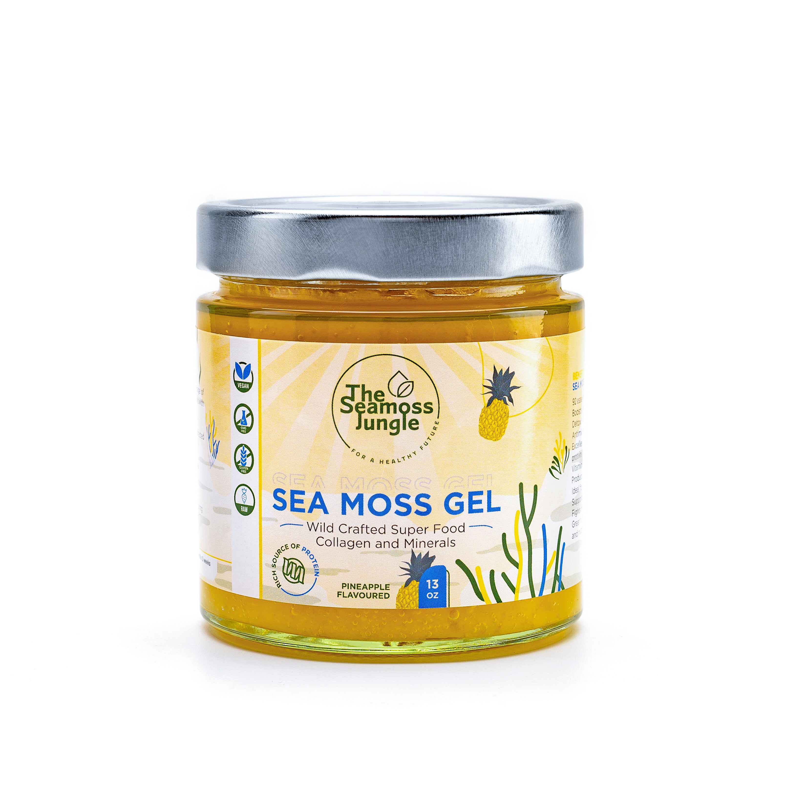 Sea Moss Gel met ananas smaak in verpakking op een witte achtergrond.