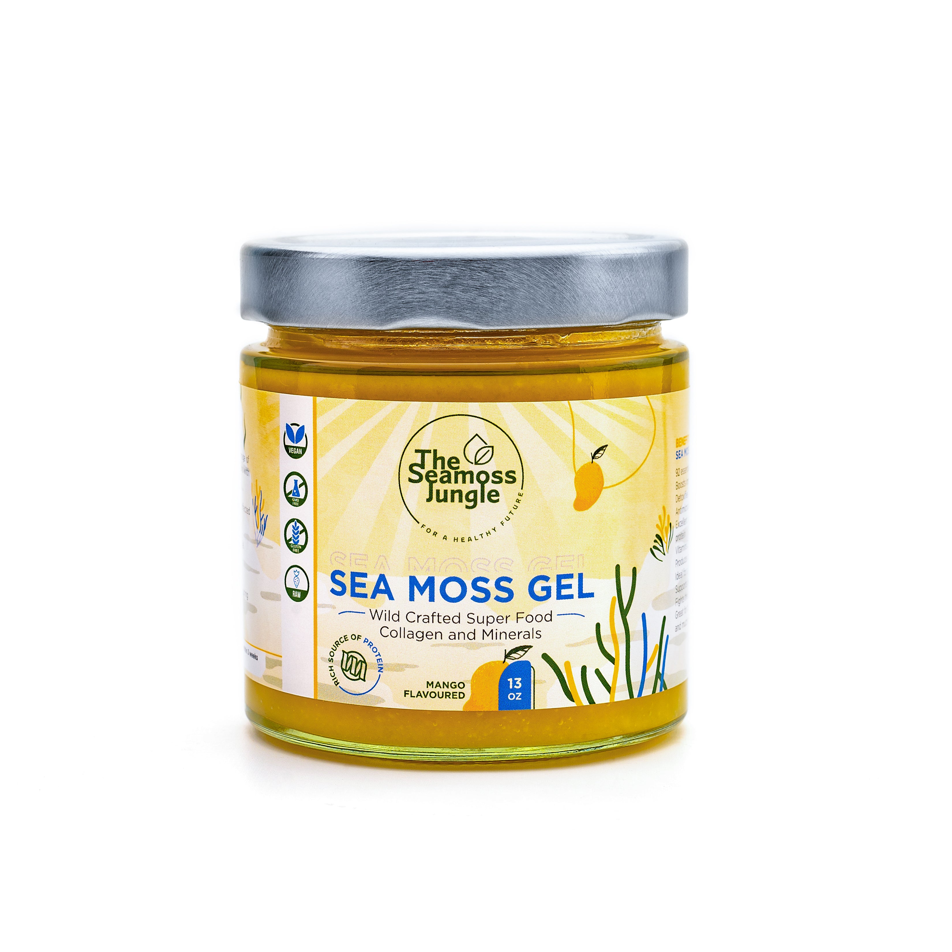 Mango Sea Moss Gel op een witte achtergrond.